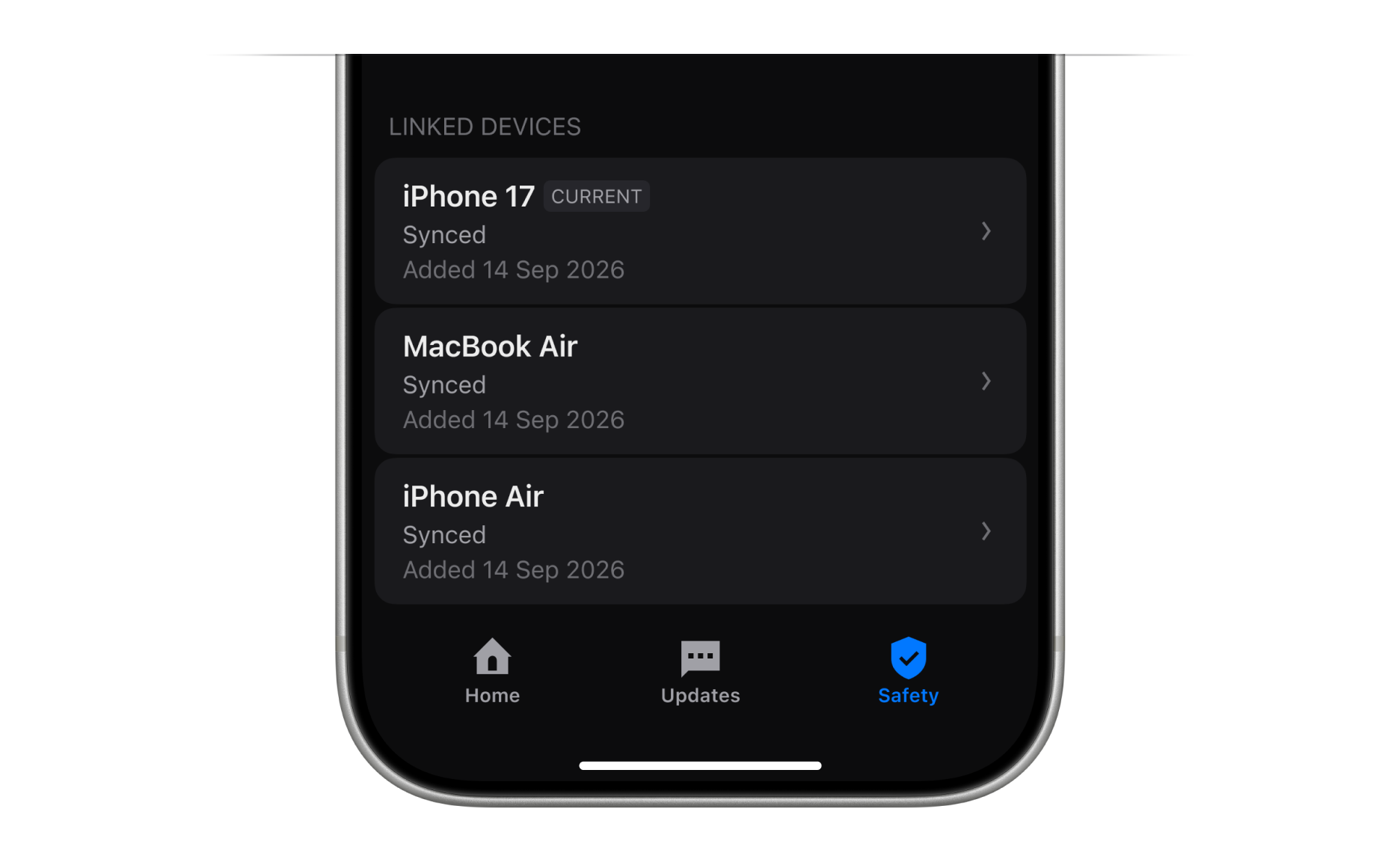 Linked devices list on the Safety tab showing synced devices