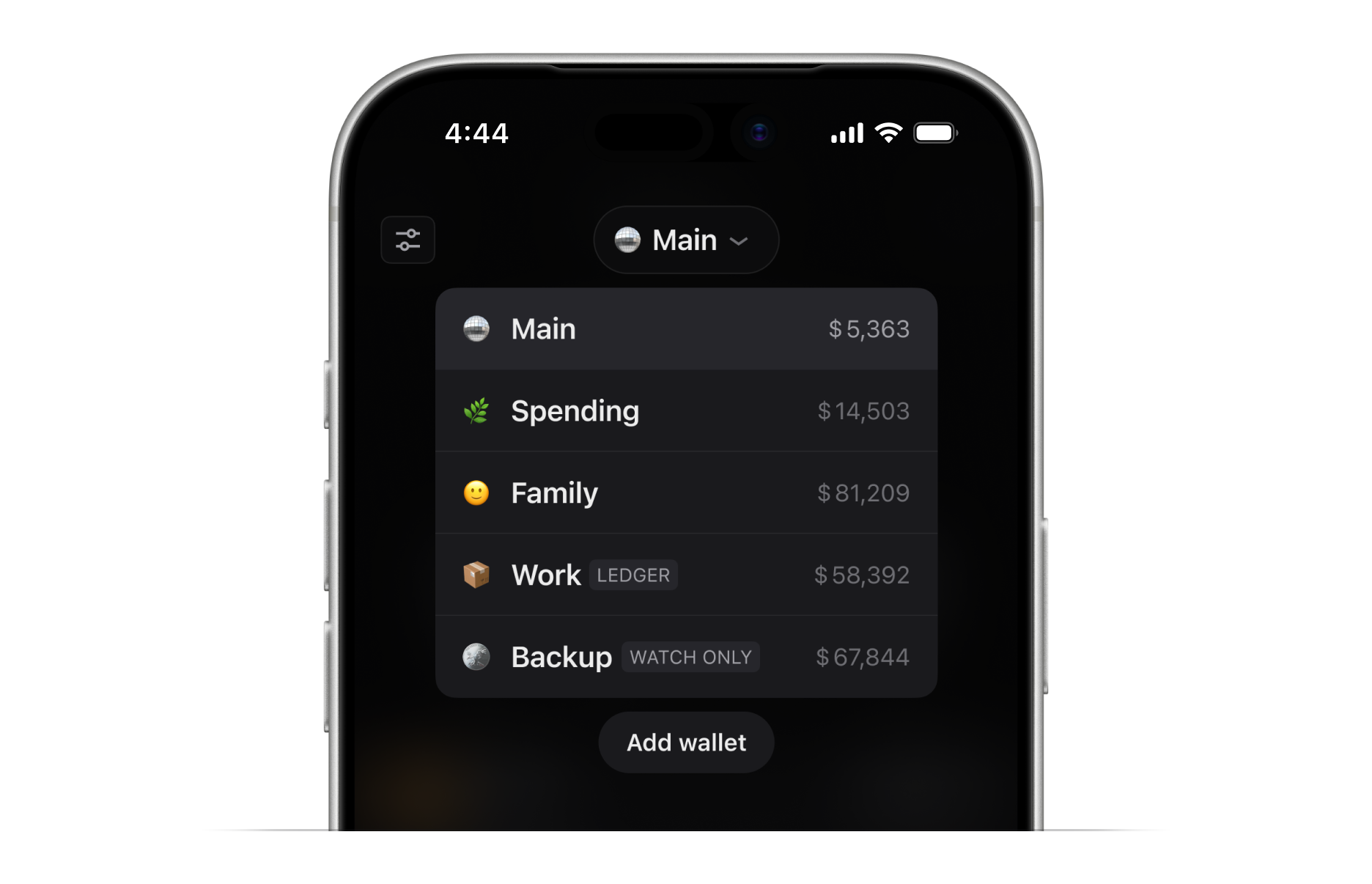 List of wallets with emojis and balances: Main, Spending, Family, Work and a watch-only Backup